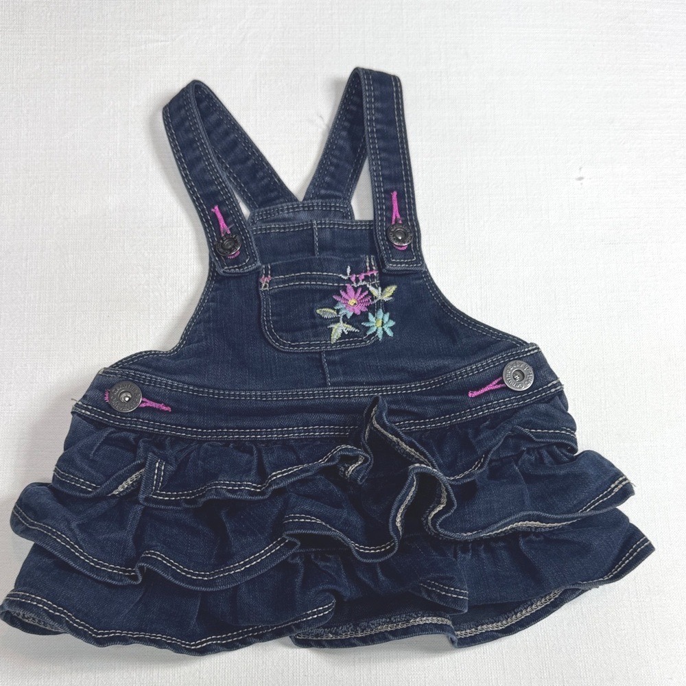 Genuine Kids OshKosh Baby Girls Dark Wash Denim Ruffle Floral Jumper Dress 3M